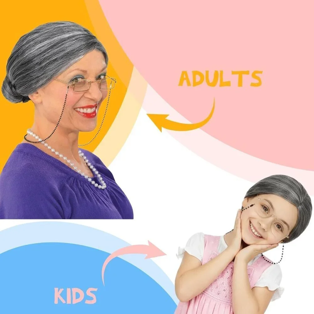 Old Lady Wig Costume Set for Women Gray Hair Granny Cosplay Halloween Party